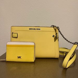 Yellow Michael Kors Crossbody approximately 9x6x2 with 8 card slot wallet